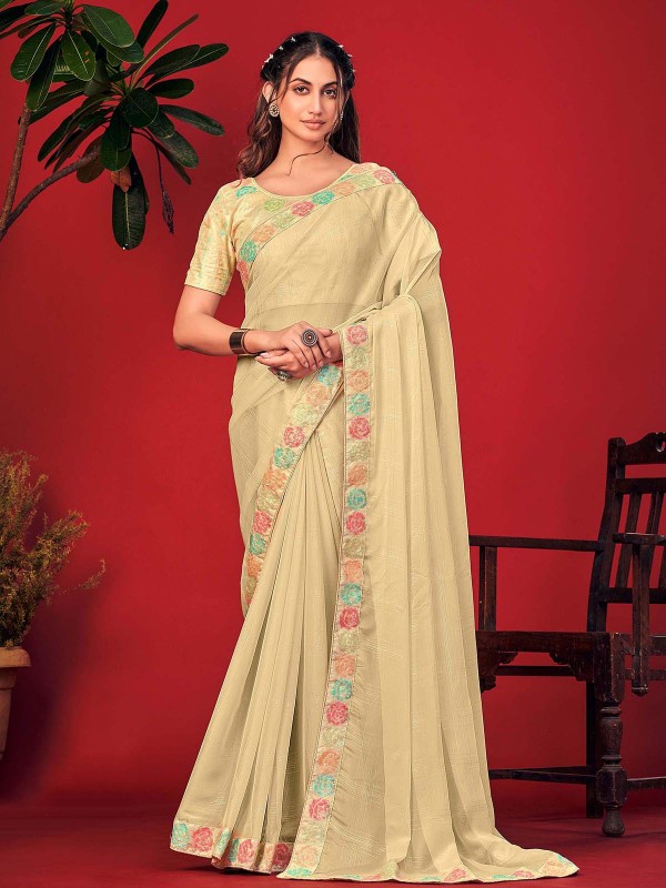 Dusty Yellow Chiffon Pattern Silk Saree With Readymade Blouse